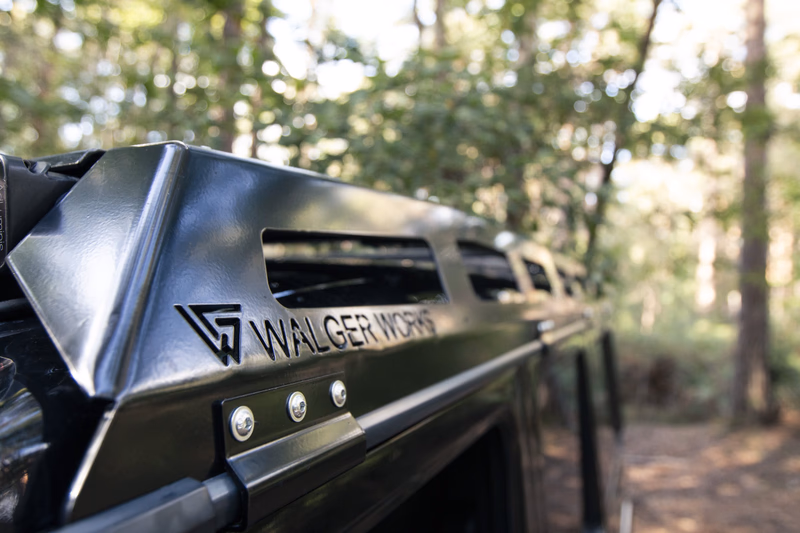 Walger Works roof rack wind deflector with laser-cut logo