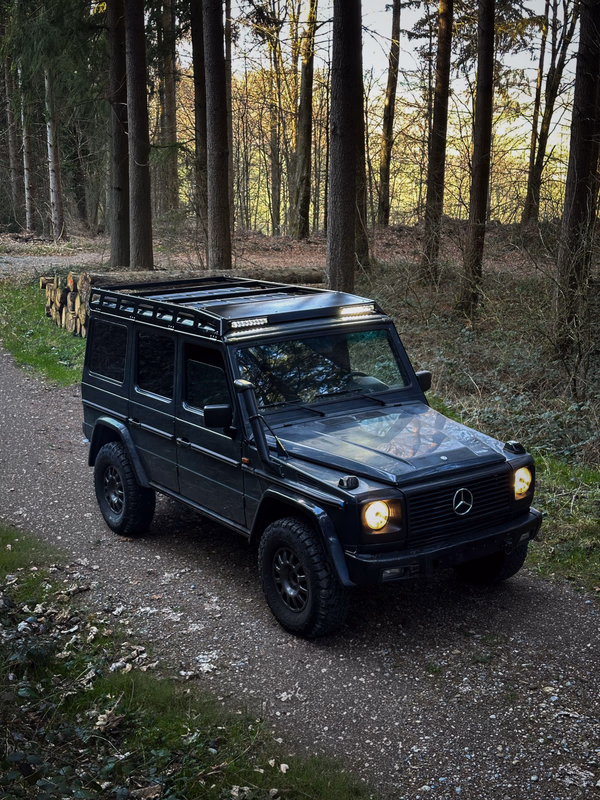 Walger Works complete roof rack system on dark G-Class in forest