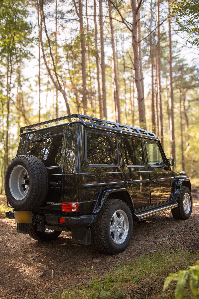 G-Class W463 rear view with spare wheel and Walger Works roof rack